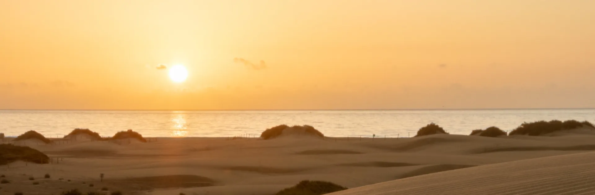 Sunset over the Dunas de Maspalomas, with rippling sand dunes and the sea on the horizon, Gran Canaria.
